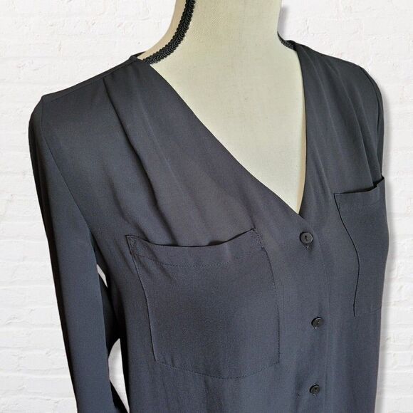 Divided H&M Black Blouse Lightweight Button Up Roll Tab Sleeve Size 2 - Picture 3 of 11